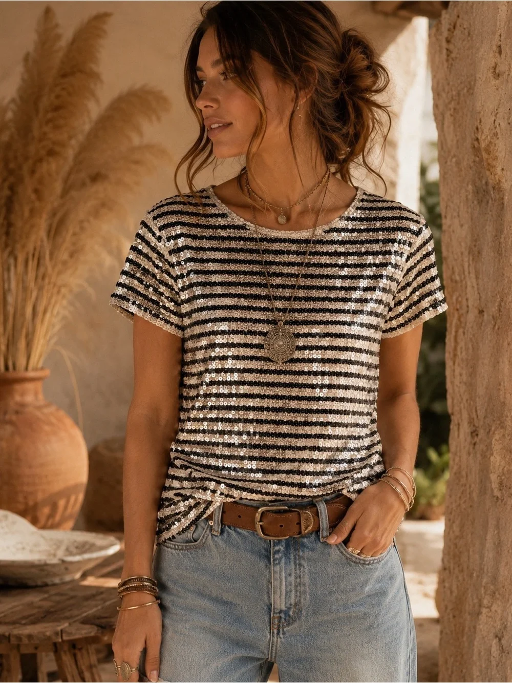 J.Crew Sequin Stripe Top Medium Ivory Black Cotton Short Sleeve Party Shirt